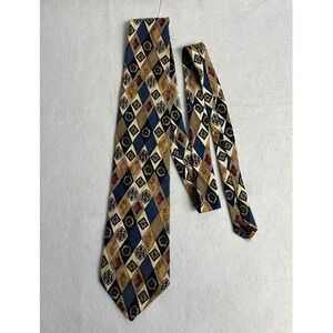 Vintage Dark Academia Stuart Hughes Mens OS Blue Tan Silk Diamond Medallion Tie